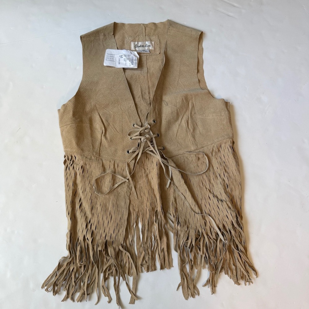 Vintage Charlotte Russe Tan Leather Fringe Vest Y2K Boho Western Festival M